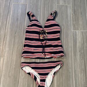 La Blanca Tankini Striped Swimsuit with Lace-Up Detail, size 6
